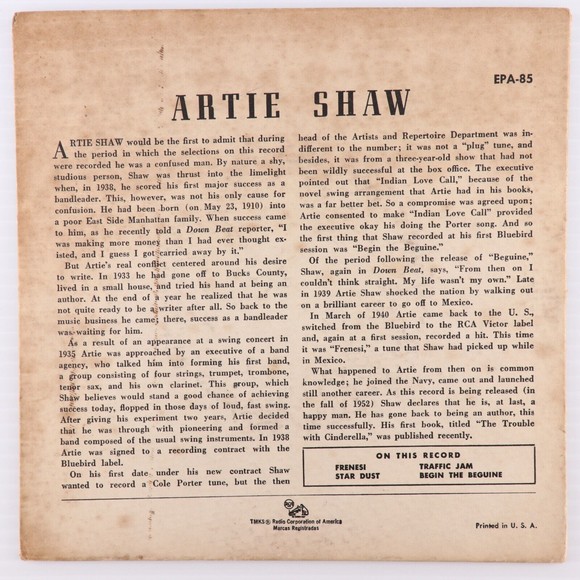 Artie Shaw & His Orchestra, Frenesi/Begin The Beguine/Star Dust 45 rpm Record EP - Picture 2 of 12